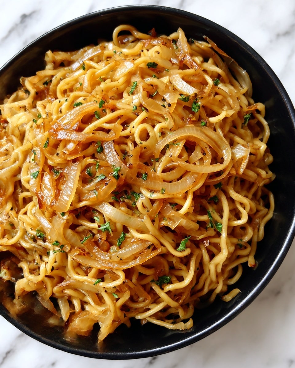A close-up view of a black bowl filled with cooked caramelized onions and thick noodles, the noodles are light golden and shiny, mixed well with translucent brown caramelized onions, sprinkled with small green herb bits and black pepper flecks, the bowl sits on a white marbled surface, photo taken with an iphone --ar 4:5 --v 7