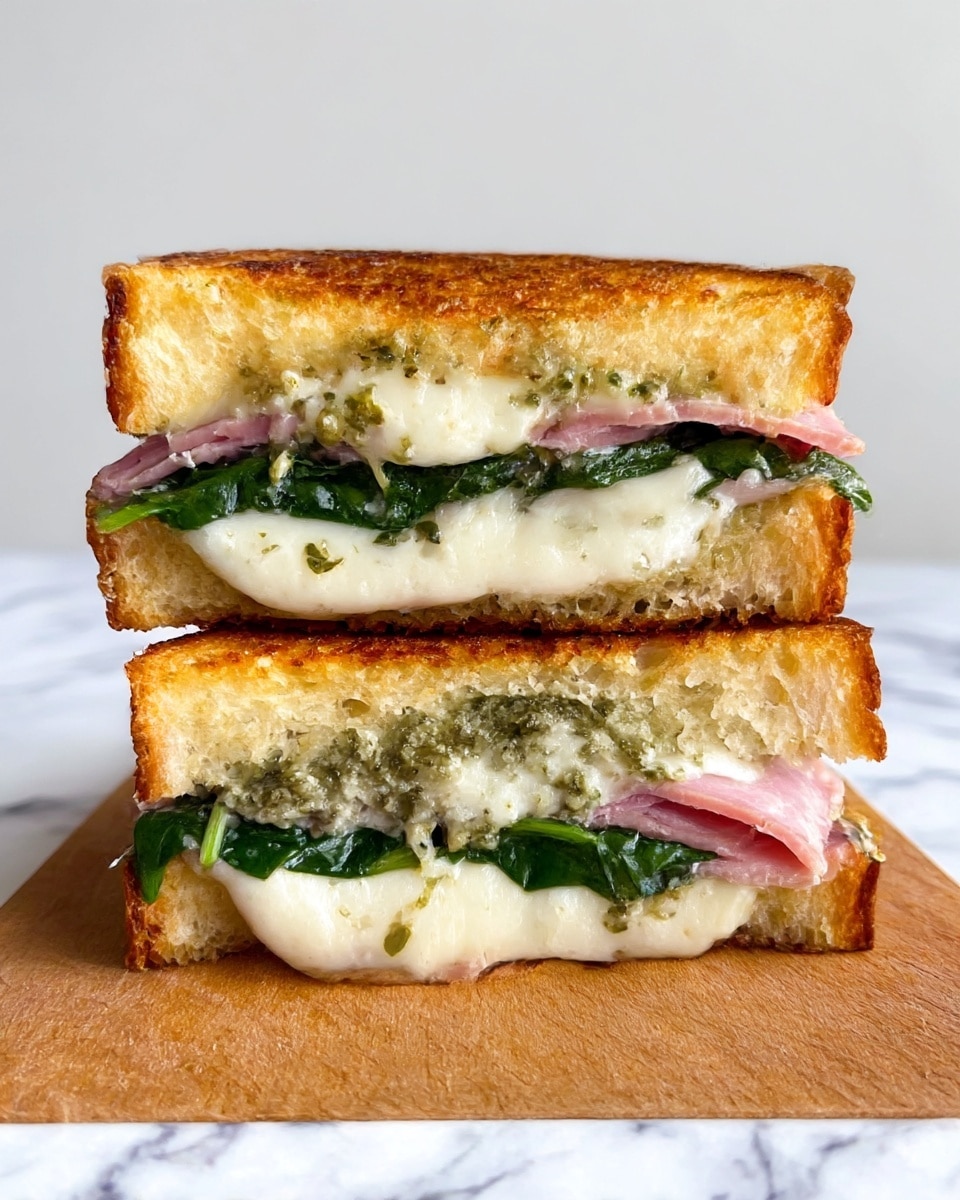 The image shows a close-up of a piece of bread being pulled apart by two woman's hands, revealing three visible layers inside: a top layer of light golden-brown crust, a middle layer of creamy white melted cheese sprinkled with green herbs, and a fresh dark green basil leaf embedded within the cheese. The bread’s interior looks soft and slightly textured, with patches of green seasoning throughout. The background features a white marbled surface and a light green textured cloth. photo taken with an iphone --ar 4:5 --v 7