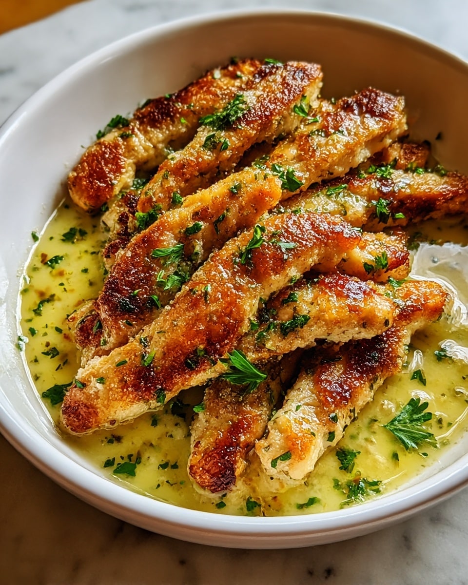 The image shows a white baking dish filled with several pieces of golden-brown cooked chicken tenders. The chicken pieces are arranged in one layer, with some slightly overlapping, and have a crispy texture with small green herb bits sprinkled over them. The chicken is sitting in a light, buttery sauce that pools at the bottom of the dish. Fresh green parsley leaves are scattered over the top of the chicken, adding a touch of color. The dish is placed on a white marbled surface. photo taken with an iphone --ar 4:5 --v 7