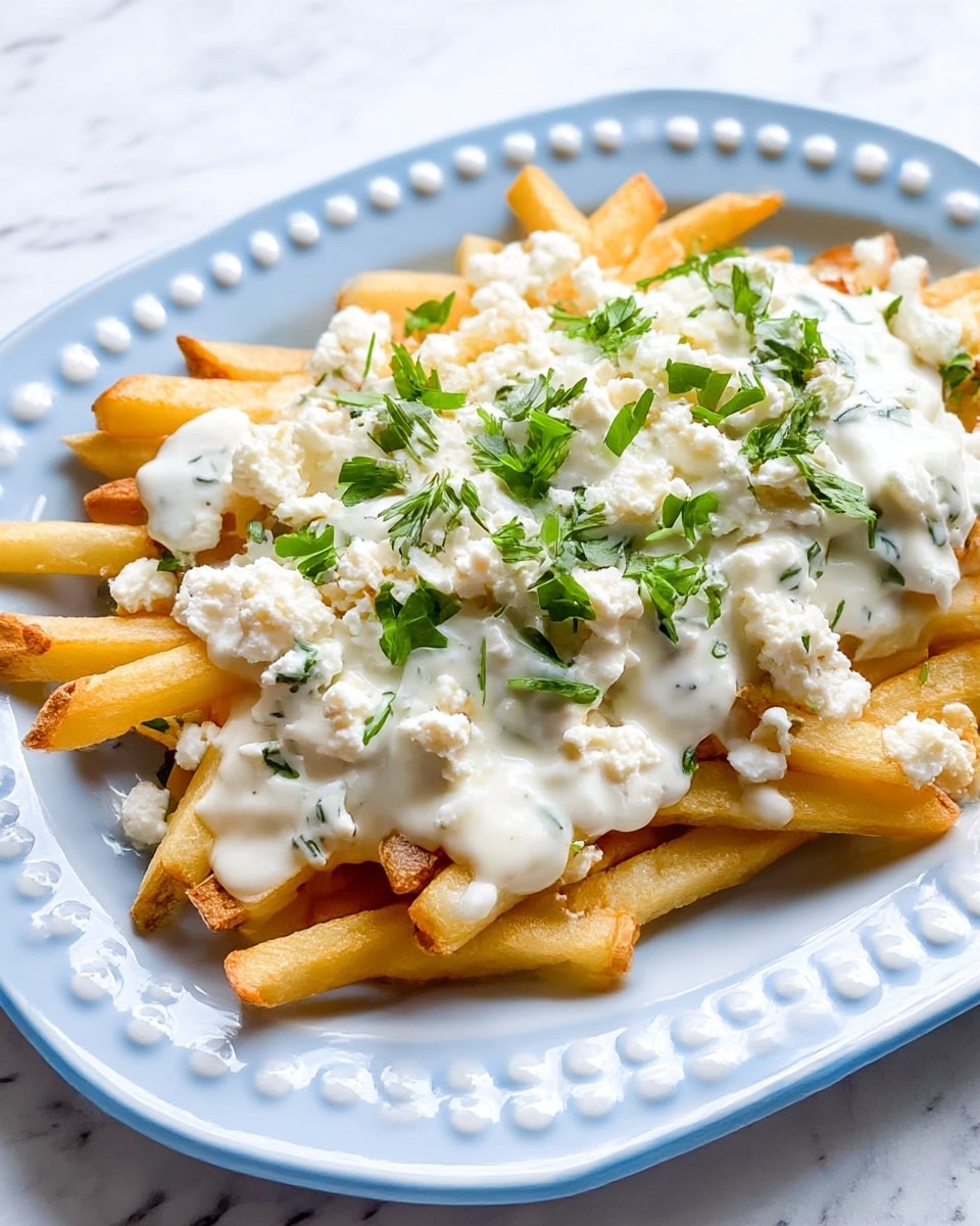 A serving of golden fries forms the bottom layer, with some fries slightly browned at the edges, placed on a white plate with decorative raised dots around the edge. On top, a thick layer of creamy white sauce with a smooth texture covers much of the fries. Scattered over the sauce are crumbles of white cheese and small fresh green herb leaves, adding a bright contrast in color and texture. The whole dish is set against a white marbled background. photo taken with an iphone --ar 4:5 --v 7