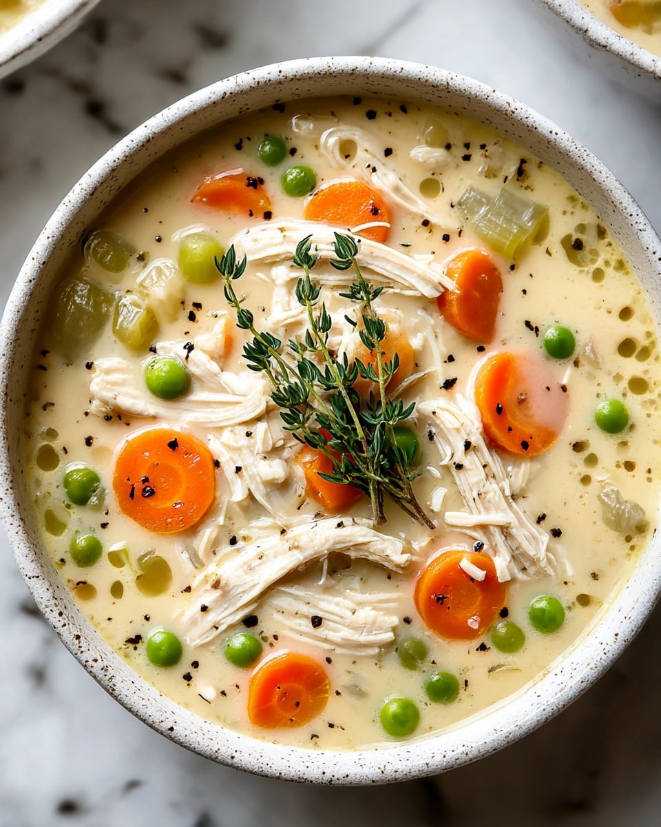 A white speckled bowl filled with creamy chicken soup that has three main layers visible: the creamy pale yellow broth with tiny oil droplets and black pepper specks spread throughout, shredded white chicken pieces scattered on top, and bright orange carrot slices, light green celery chunks, and small green peas mixed evenly in the soup. At the center of the bowl, a small bunch of fresh thyme with dark green leaves rests on top, adding a touch of green detail. The bowl is placed on a white marbled surface with a faint pattern visible below. Photo taken with an iphone --ar 4:5 --v 7