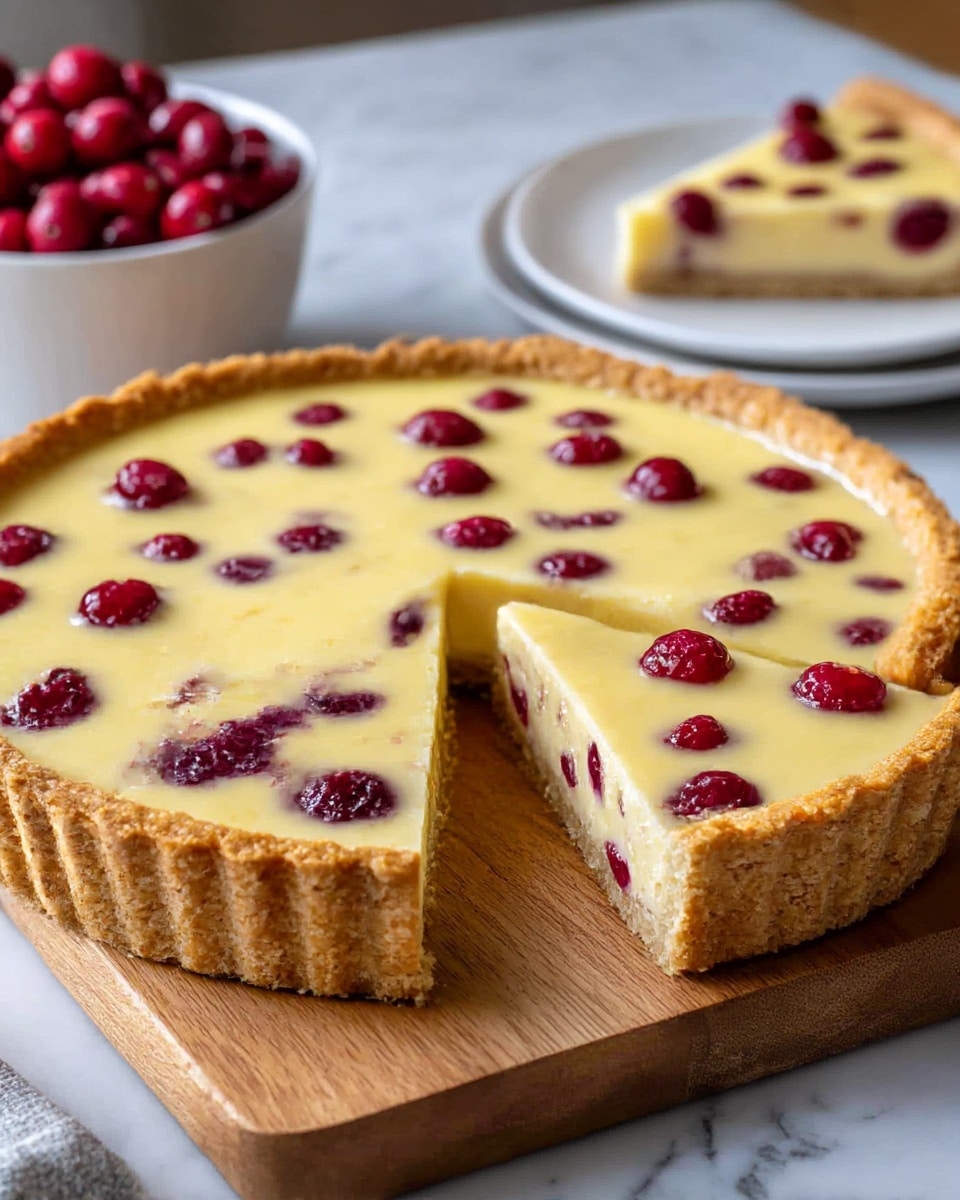 A tart with three distinct layers sits on a wooden board placed on a white marbled surface. The bottom layer is a crumbly, thick golden-brown crust with a rough texture and slightly raised edges. Above it is a smooth and creamy pale yellow custard layer, studded evenly with whole, bright red cranberries that add pops of color and texture. One slice has been cut out, showing the clean separation of the crust and custard inside. In the background, behind the tart, there is a white bowl filled with more fresh cranberries and a white plate with another piece of the tart, slightly blurred. Photo taken with an iphone --ar 4:5 --v 7