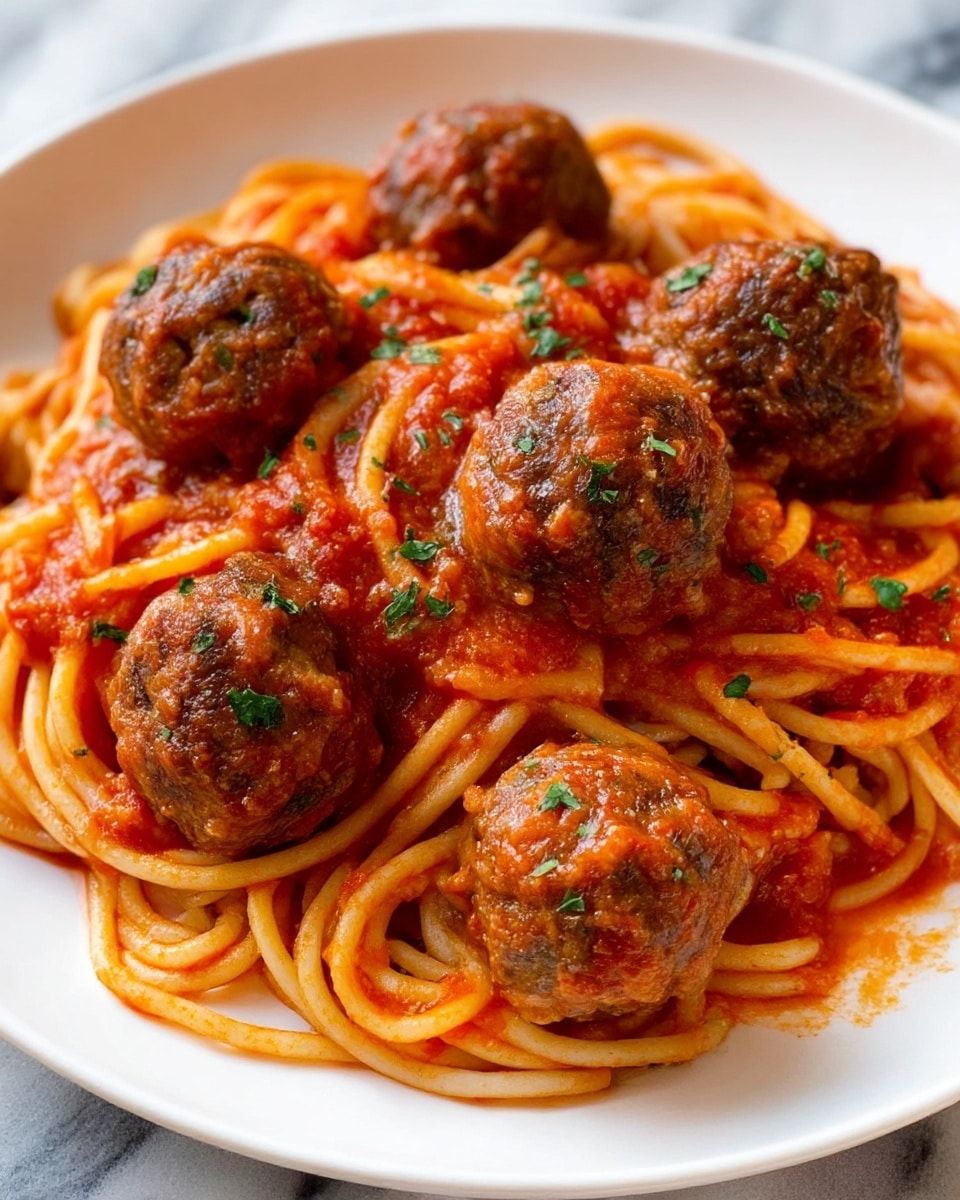 A white plate filled with a single layer of twisted spaghetti noodles coated in bright red tomato sauce, sitting on a white marbled surface. Five round, large brown meatballs are evenly placed on top of the spaghetti, each sprinkled with small bits of green herbs. The sauce looks smooth and slightly chunky, clinging to the pasta and meatballs, creating a rich texture contrast. photo taken with an iphone --ar 4:5 --v 7