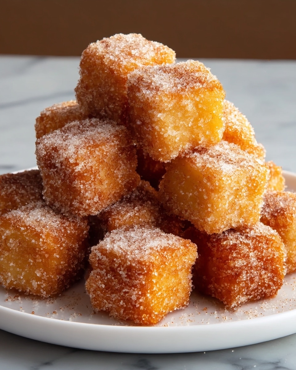 A white plate holds a pyramid of golden brown fried cubes, each coated evenly with a layer of sparkling sugar and cinnamon, giving a grainy texture that glistens in the light; the cubes have crispy edges and soft, slightly porous interiors visible on some sides, with a warm orange-brown tone contrasting with the white sugar crystals. The background is a smooth white marbled surface, making the fried cubes stand out clearly. photo taken with an iphone --ar 4:5 --v 7