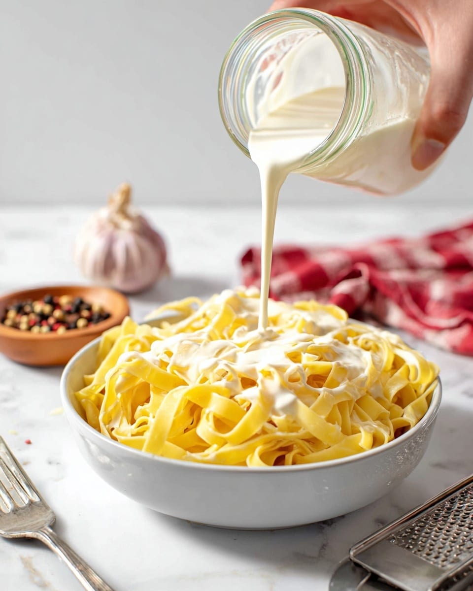 A close-up image shows a white bowl filled with three layers of yellow cooked fettuccine pasta, with a smooth white creamy sauce being poured from a glass jar held by a woman's hand into the center of the bowl. A metal fork rests inside the bowl at the front left. In the blurred background, a small wooden dish contains mixed peppercorns, with a garlic bulb and cloves nearby on a white marbled surface, along with a small metallic grater and a red and white cloth. The scene is lit with bright natural light. photo taken with an iphone --ar 4:5 --v 7