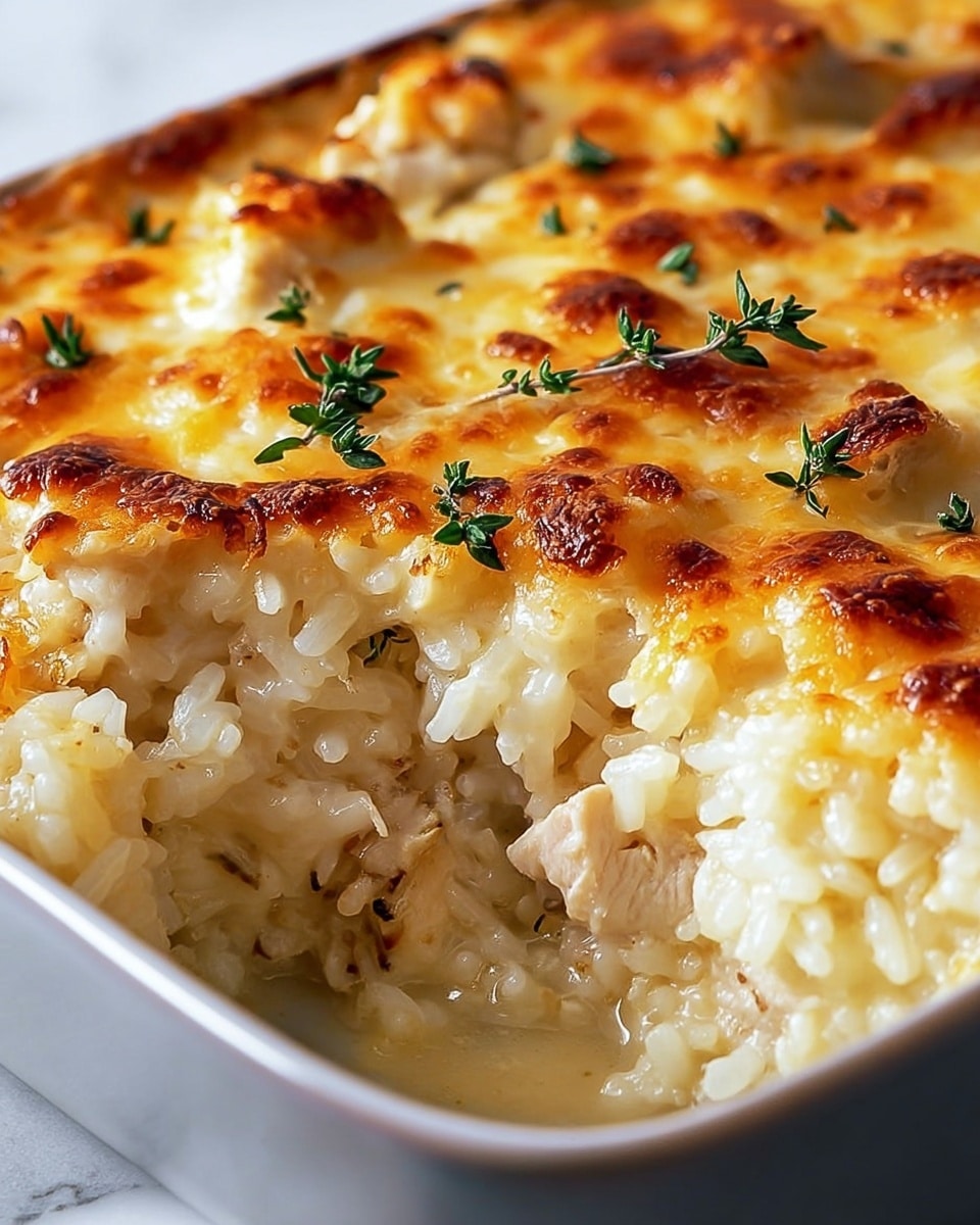 A close-up of a baked creamy casserole dish showing two main layers: the bottom layer with white rice mixed with chunks of light beige cooked chicken, and the top layer melted golden brown cheese with crispy browned spots, sprinkled with small green herb leaves. The casserole is in a white dish on a white marbled surface. The focus is tight on the golden cheese topping and the soft texture of the rice and chicken underneath. photo taken with an iphone --ar 4:5 --v 7