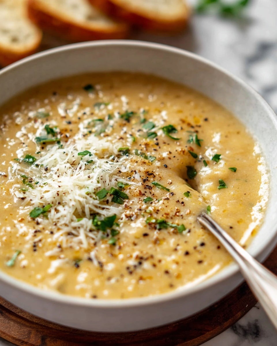 Two white bowls filled with thick orange soup, each topped with small white grains, grated cheese, chopped green herbs, and a sprinkle of black pepper. The bowls sit on a wooden board, next to a torn piece of crusty brown bread on the right. On the left side, a small white bowl holds large flakes of pale yellow cheese. A blue and white striped cloth is draped beside the bowls. The background surface is white marble with subtle veins. Photo taken with an iphone --ar 4:5 --v 7