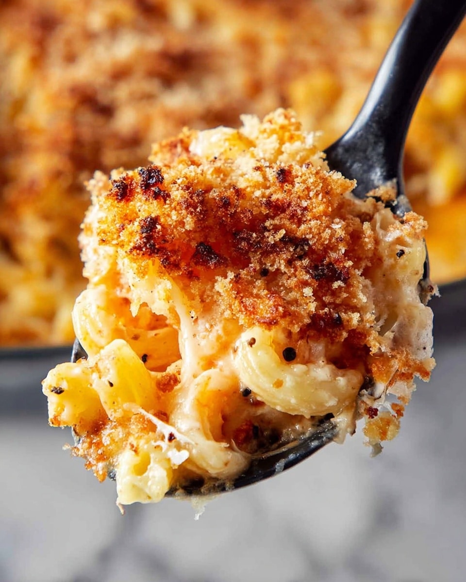 A close-up view of a spoonful of baked macaroni and cheese, showing three layers: on the bottom, creamy pale yellow melted cheese mixed with bits of pasta; the middle layer has tender, golden-baked pasta with some browned edges; the top layer is a crumbly, golden-brown crust with darker toasted spots and a few black pepper specks, all held in a black spoon. The background shows more of the cheesy pasta dish out of focus, set on a white marbled surface. Photo taken with an iphone --ar 4:5 --v 7