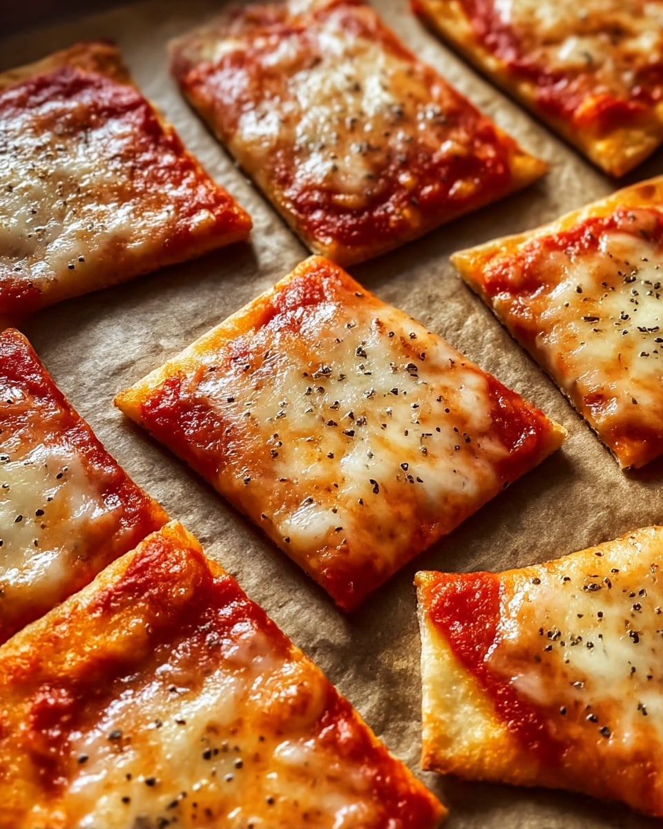 A close-up view of several small, square and triangular pizza slices arranged on a baking tray lined with brown parchment paper. Each slice has a golden brown crust, topped with a layer of bright red tomato sauce, and a smooth, melted cheese layer with a slightly browned, bubbly texture. Small black specks of seasoning, possibly black pepper or herbs, are scattered evenly over the cheese surface, adding contrast and detail. The warm colors and textures give a fresh, hot-from-the-oven feel, with a focus on the crisp edges and glossy cheese. Photo taken with an iphone --ar 4:5 --v 7