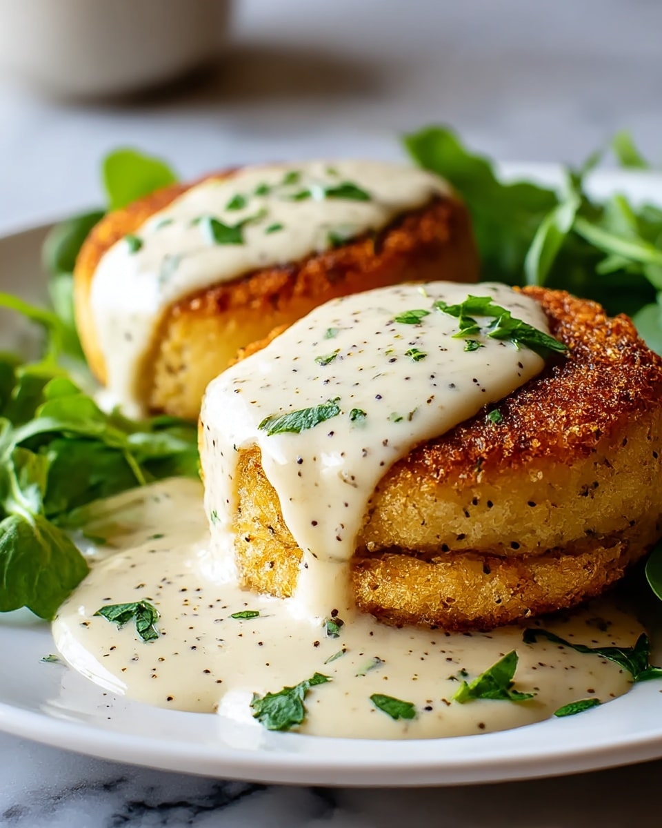 Two golden brown patties, each about two layers thick with a crispy texture on the outside, are placed on a white plate. They are topped with a creamy white sauce that is smooth and slightly thick, speckled with black pepper and green herbs, which drips down the sides of each patty. Fresh green leafy garnishes sit on the side, adding a touch of vibrant color. The plate rests on a white marbled surface. photo taken with an iphone --ar 4:5 --v 7