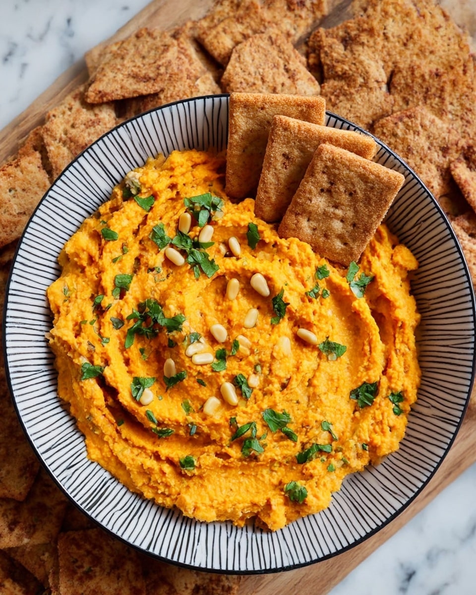 A close-up photo of a white bowl with black stripes filled with bright orange hummus that has a slightly chunky texture. The hummus is garnished with a few whole chickpeas and small pieces of green herbs scattered on top. Two triangle-shaped pieces of pita bread are partly dipped into the hummus on the left side, and in the background, there are more pita pieces, golden brown and crisp, resting on a white marbled surface. Photo taken with an iphone --ar 4:5 --v 7