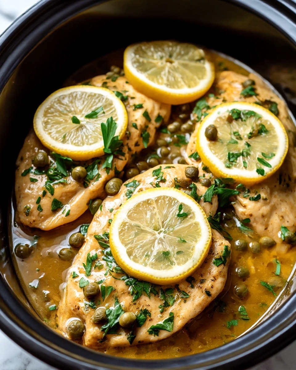 The image shows a dish with three pieces of cooked chicken breasts in a black pot. Each chicken piece is light golden brown and topped with chopped green parsley and small green capers. Two lemon slices with a bright yellow color rest on top of two chicken pieces, adding a fresh look. The chicken sits in a glossy, light brown sauce that fills the bottom of the pot and glistens under the light. The black pot contrasts with the vibrant colors of the food. The photo is taken on a white marbled textured surface. photo taken with an iphone --ar 4:5 --v 7