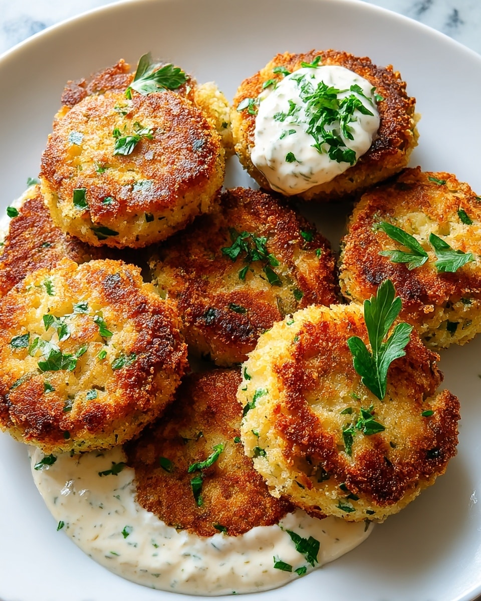 The image shows six golden-brown fried patties with a crispy texture, arranged closely together on a white plate. Each patty has a rough, crumbly surface with small green herb pieces mixed inside and sprinkled on top. Underneath the patties is a layer of creamy white sauce with specks of herbs. A dollop of the same sauce is placed near the back patties, garnished with more fresh green herbs. The plate sits on a white marbled surface, giving a clean and bright look to the presentation. photo taken with an iphone --ar 4:5 --v 7
