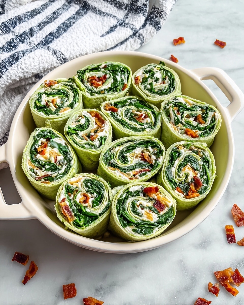 The image shows a white round dish with two handles, filled with ten green pinwheel wraps arranged in two rows. Each wrap has three visible layers: a light green soft tortilla on the outside, a creamy white spread layer, and a mix of dark green spinach leaves with small bits of orange and light beige ingredients rolled tightly in the center. The dish is set on a white marbled surface, scattered with small pieces of reddish-brown topping. In the background, there is a white and dark blue striped cloth. Photo taken with an iphone --ar 4:5 --v 7