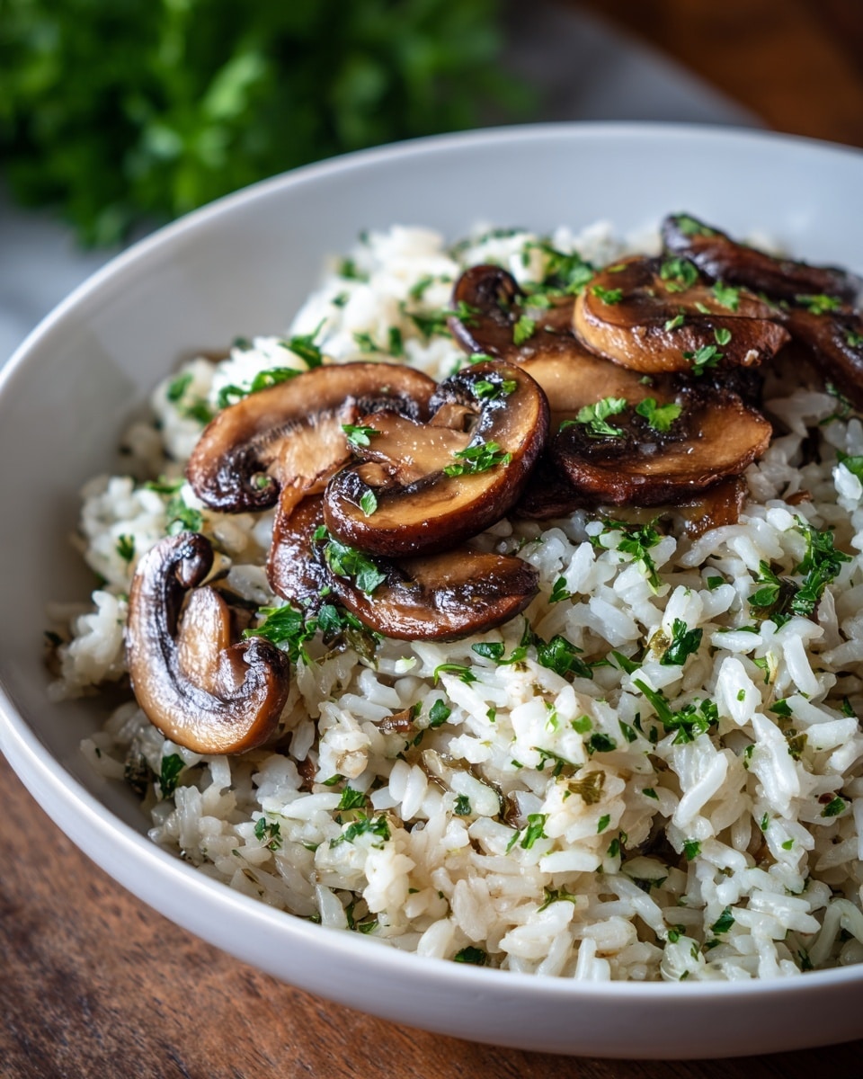 A white bowl holds a serving of cooked rice mixed with finely chopped green herbs, giving the rice a lightly seasoned look. On top, there are several slices of browned mushrooms, cooked to a soft, slightly shiny texture with a rich brown color. The herbs are sprinkled over the mushrooms, adding small bright green spots. The bowl is placed on a wooden surface, and there is blurred greenery in the background. photo taken with an iphone --ar 4:5 --v 7
