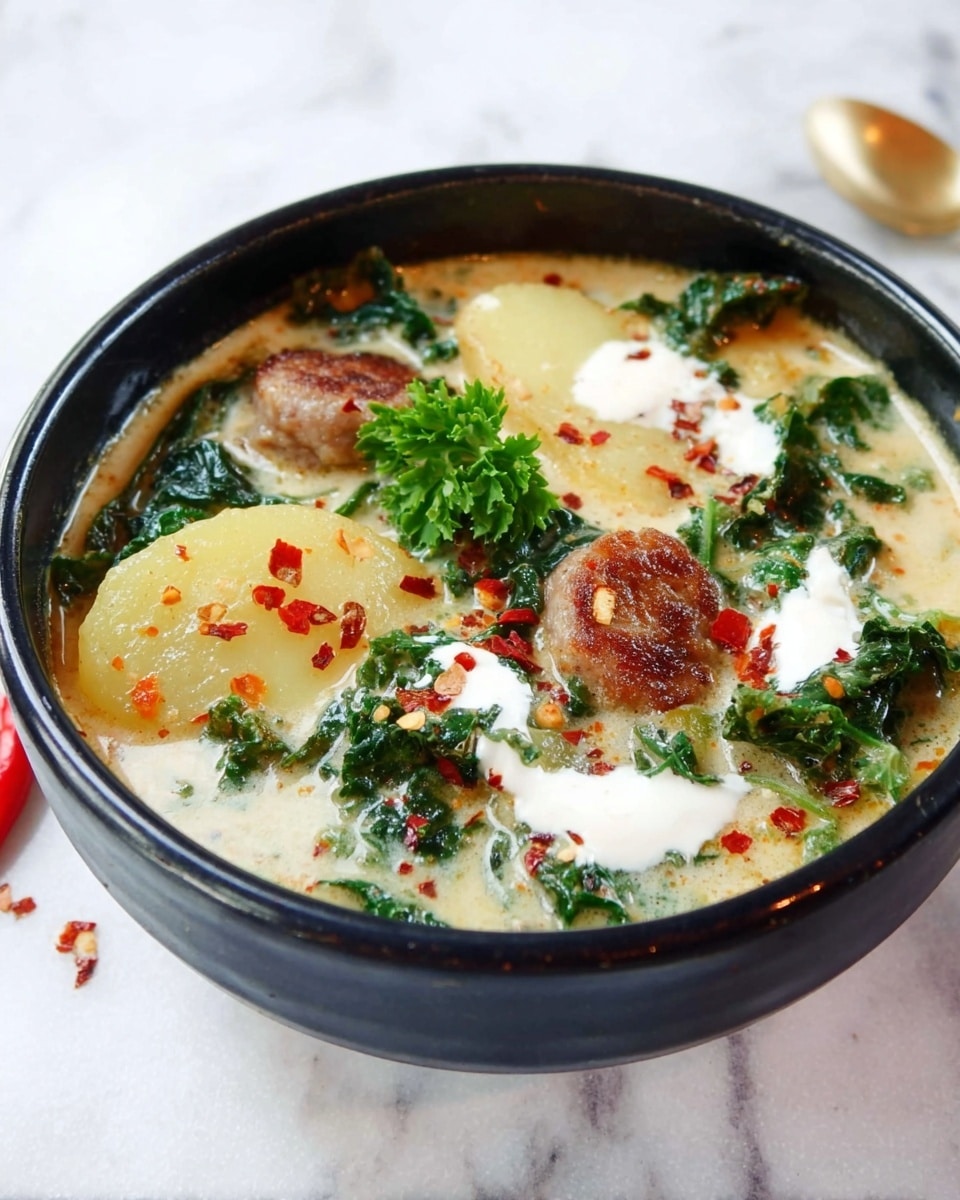 A black bowl filled with creamy soup sits on a white marbled surface. The soup has several layers: at the bottom are soft, light yellow potato slices, mixed with dark green leafy kale floating near the top. Brown sausage pieces are scattered throughout, some sprinkled with red chili flakes. A few dollops of white cream swirl on the surface, and a small green parsley sprig rests on top as garnish. Red chili flakes are also scattered around the bowl on the surface. Photo taken with an iphone --ar 4:5 --v 7