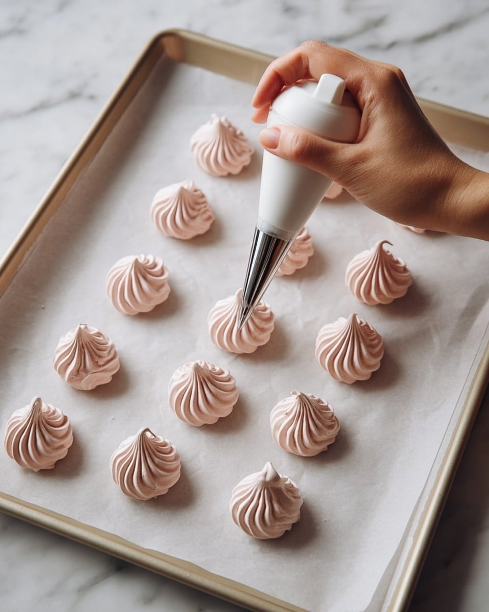 The image shows many round, swirled meringue cookies arranged closely on a white marbled surface. Each meringue has one main layer, shaped into a rose-like swirl pattern that rises evenly in height. The color is pale cream with a light dusting of brown powder sprinkled mainly on top, adding texture and contrast. The meringues have a matte finish with smooth ridges and peaks, casting soft shadows on the surface. The light highlights the delicate curves and the powder gives a speckled look across the group. photo taken with an iphone --ar 4:5 --v 7