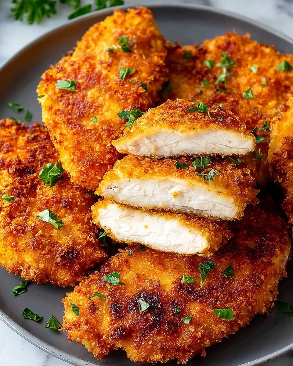 A close-up view of golden brown breaded chicken pieces arranged on a round white plate. The chicken has a crispy, crunchy texture with a slightly uneven, crumbly coating showing shades of orange and light brown. One piece is sliced in half to show tender, juicy white meat inside. Small green parsley leaves are scattered on top and around the chicken. The plate sits on a white marbled surface. Photo taken with an iphone --ar 4:5 --v 7