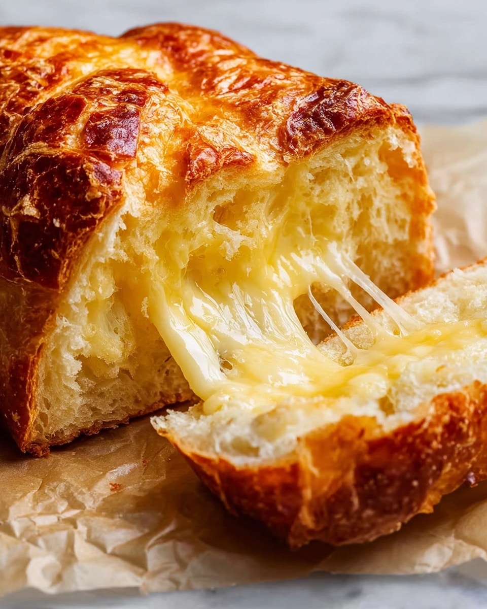 The image shows a close-up view of a soft bread loaf with a golden, shiny crust that has a slightly cracked texture. The loaf is sliced open to reveal a gooey, melted cheese layer inside, stretching in thin strings between the top and bottom halves. The inside of the bread is light yellow with a fluffy and airy texture, while the melted cheese is creamy and glossy, pooling slightly on the bottom slice. The bread sits on a white marbled surface with some crumpled parchment paper underneath, highlighting the warm colors and textures of the cheese and bread. photo taken with an iphone --ar 4:5 --v 7