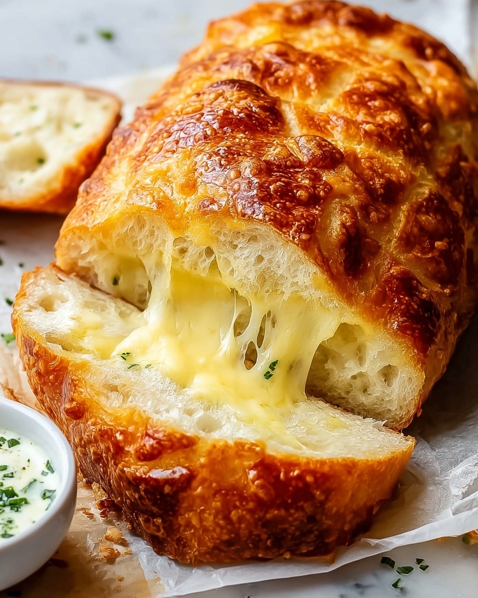 A close-up view of a freshly baked bread loaf with a golden-brown, crisp top crust that shows a bubbly, textured surface. The bread is sliced open horizontally, revealing a soft, fluffy white inside with melted cheese stretching between the top half and bottom slice. The melted cheese is pale yellow and gooey, filling the middle layer inside the bread. The loaf rests on white parchment paper placed on a white marbled surface, with a small white bowl of creamy dip topped with green herbs visible in the background. photo taken with an iphone --ar 4:5 --v 7