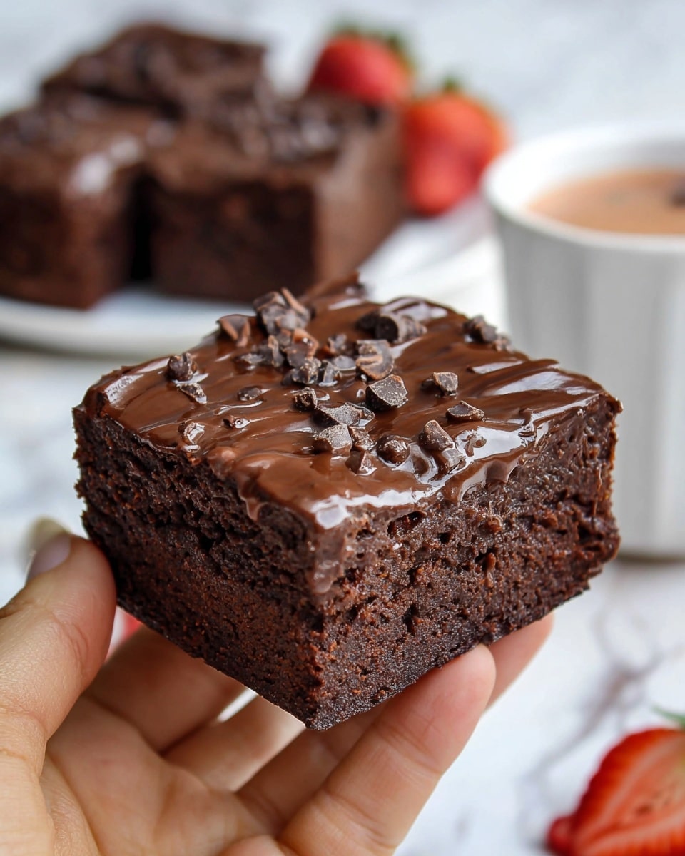 A close-up view of a thick, square brownie held by a woman's hand, showing one visible layer with a rich, dark brown color and a dense, moist texture. The top layer is covered with a glossy, smooth chocolate ganache that is slightly wavy and shiny, sprinkled with small pieces of cacao nibs. In the blurred background, there are more brownie squares on a white plate and a white cup with a strawberry on the rim, all set on a white marbled surface. Photo taken with an iphone --ar 4:5 --v 7