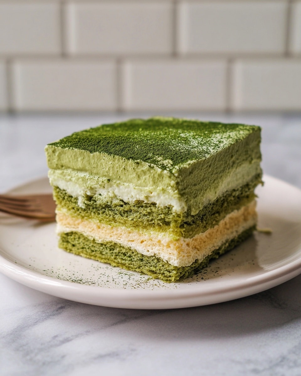 A square slice of layered green matcha dessert sits on a white plate, showing four visible layers. The bottom layer is a compact green matcha sponge base, topped by a light yellow sponge layer, followed by a creamy light green matcha mousse layer, then another light yellow sponge layer, and finally a thick green matcha cream layer covers the top, dusted evenly with fine matcha powder. The texture looks soft and moist, with a fork resting on the plate behind the dessert. The plate is placed on a white marbled textured surface, with a blurred white tiled background. Photo taken with an iphone --ar 4:5 --v 7