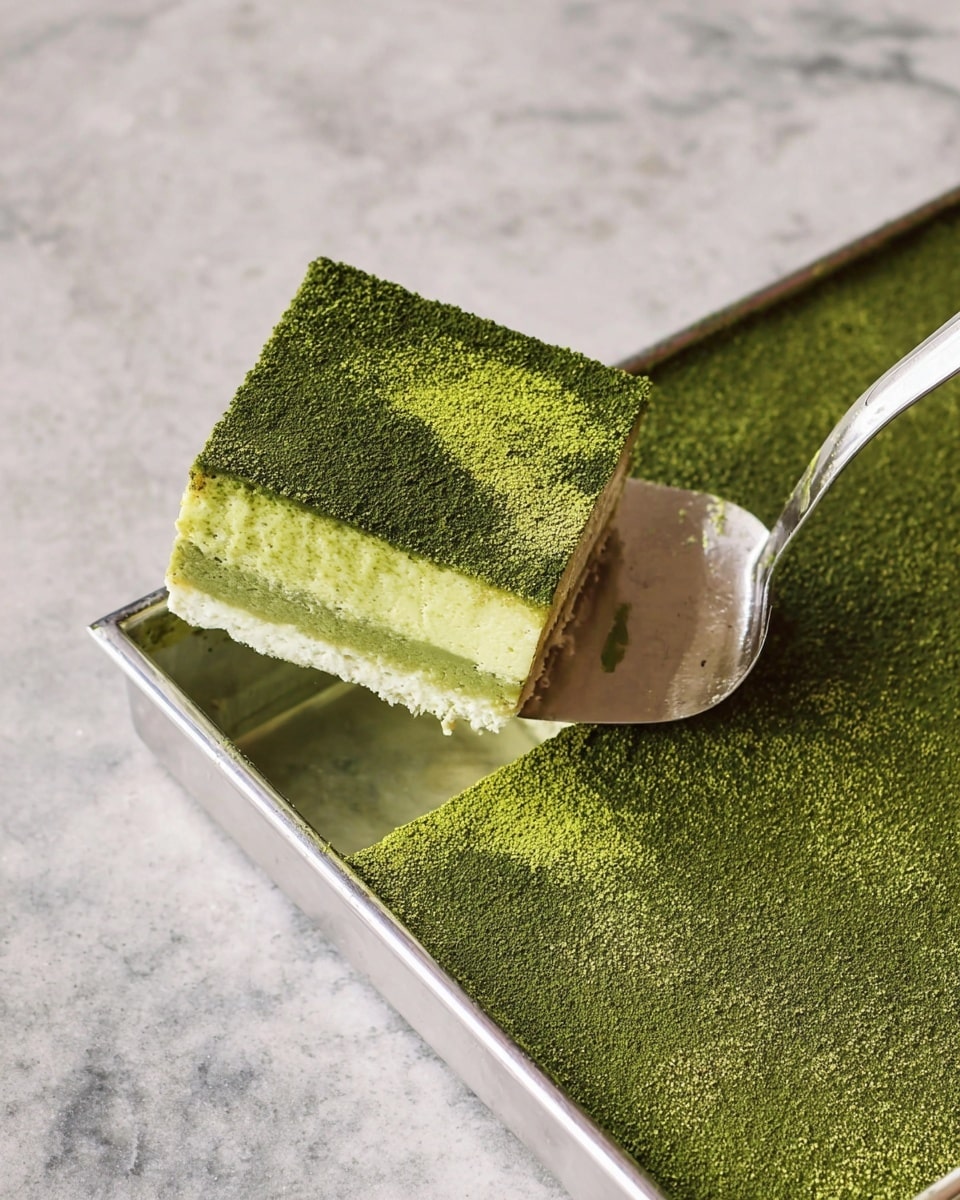 A square slice of matcha dessert is being lifted from a rectangular metal tray with a silver spatula. The dessert has three visible layers: the top layer is a bright green, fine powdery matcha dust, the middle layer is a light green creamy texture, and the bottom layer is a pale pale green sponge-like cake. The spatula shows the side of the slice with uneven creamy and cake layers. The tray is placed on a white marbled surface. Photo taken with an iphone --ar 4:5 --v 7