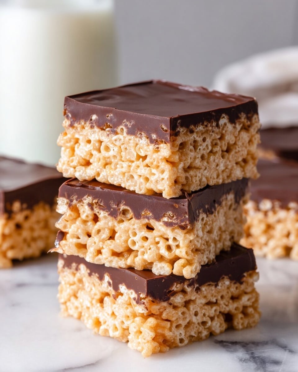 A close-up image of three stacked crispy rice treats with a thick, smooth layer of dark chocolate on top, each treat showing a porous, light golden base with visible puffed rice pieces, the chocolate layer evenly spread and glossy, set on a white marbled surface with a blurred glass of milk in the background. photo taken with an iphone --ar 4:5 --v 7