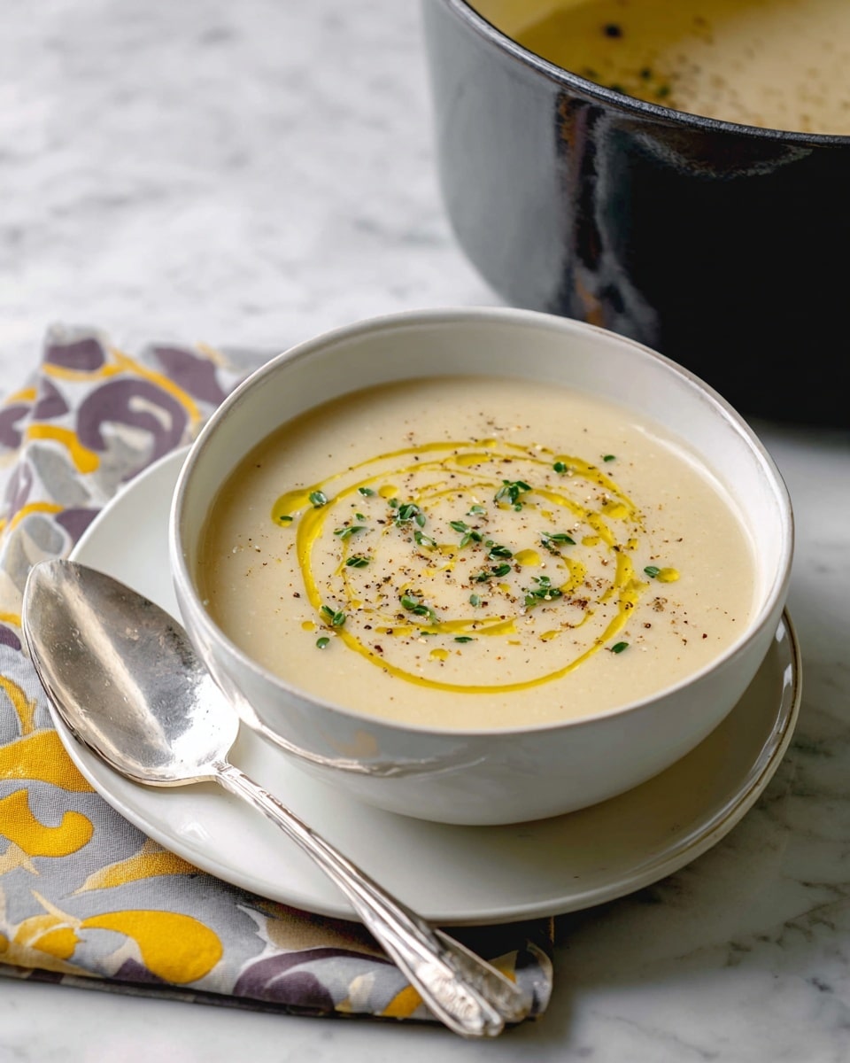 A bowl of creamy light beige soup sits on a white plate, decorated with a swirl of golden olive oil on top. There are small green herb leaves scattered over the soup, along with a sprinkle of black pepper. A silver spoon rests inside the bowl on the right side. The bowl is placed on a white cloth with gold floral patterns, all set on a white marbled surface. Small sprigs of green herbs lie next to the plate. photo taken with an iphone --ar 4:5 --v 7