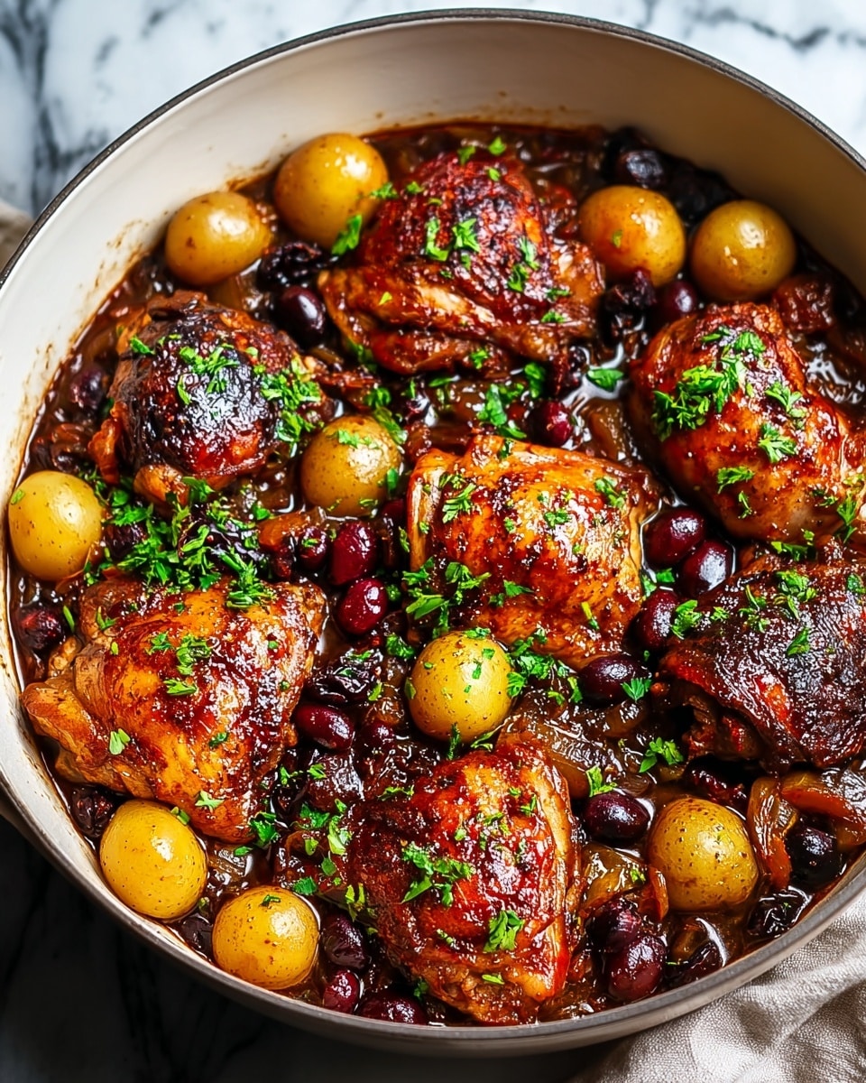 This image shows a white round pan filled with five pieces of dark brown cooked chicken thighs, glistening with a shiny spicy glaze, placed evenly around the pan. Among the chicken, there are small round golden-yellow potatoes mixed with deep red cranberries and dark raisins, all soaked in a rich, thick brown sauce. Fresh green chopped herbs are sprinkled on top, adding a fresh contrast to the warm, cooked colors. The pan sits on a white marbled surface with a cloth napkin casually placed near the edge. Photo taken with an iphone --ar 4:5 --v 7