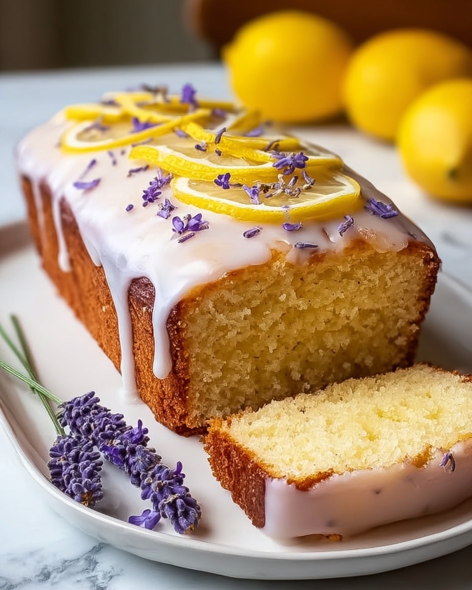 A rectangular lemon cake with one slice cut out, showing a soft, light yellow crumb inside and a golden brown crust on the sides and bottom. The top of the cake is covered with a smooth, pale white glaze that drips slightly over the edges. On top of the glaze, there are thin, bright yellow lemon slices arranged evenly, with small purple lavender flowers scattered over them. The cake sits on a white plate with a few lavender sprigs placed beside the cake on a white marbled surface. In the background, there are some whole yellow lemons slightly out of focus. Photo taken with an iphone --ar 4:5 --v 7