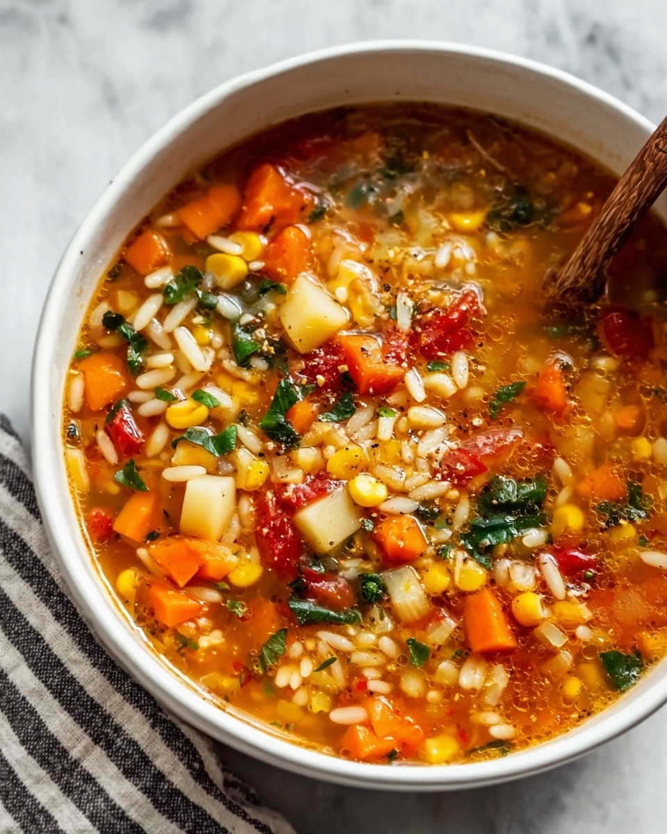 A white bowl filled with a colorful vegetable soup that has visible layers of ingredients such as small diced orange carrots, white potato cubes, bright yellow corn kernels, red tomato chunks, and green leafy herbs. The soup has a rich, clear orange broth with small pieces of white pasta scattered throughout. A wooden spoon is partly submerged in the soup on the top right side. The bowl rests on a white marbled surface with a striped cloth visible at the bottom left corner. photo taken with an iphone --ar 4:5 --v 7