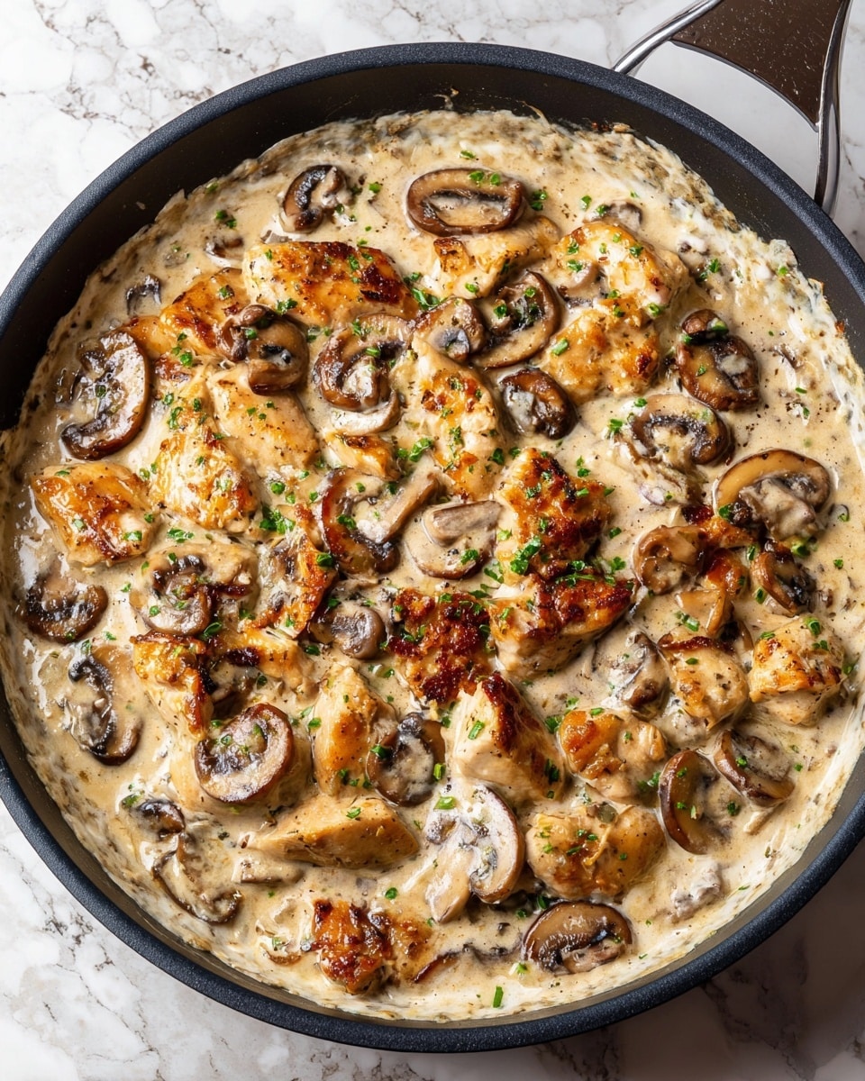 The image shows a black skillet filled with creamy chicken mushroom dish. It has three main layers: the bottom layer is a thick, white cream sauce with a slightly grainy texture; the middle layer has golden-brown cooked mushroom slices scattered evenly; the top layer is made of browned chicken pieces with a golden crust on some edges, mixed with mushrooms and sprinkled with small green herb bits. The skillet handle is visible on the top left and the whole dish sits on a white marbled surface. photo taken with an iphone --ar 4:5 --v 7