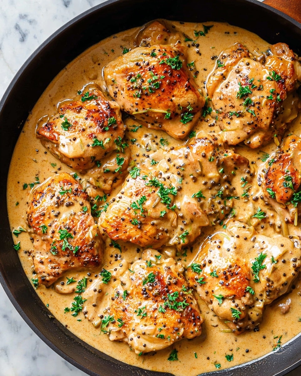 A black pan filled with about eight cooked chicken pieces sitting closely together, each piece golden brown with slight char marks and moist texture. The chicken is covered in a creamy, light brown sauce with visible black peppercorns and small bits of onions, giving a rich and thick appearance. Sprinkled fresh green parsley leaves add a pop of bright color, contrasting with the warm sauce. The pan rests on a white marbled surface. photo taken with an iphone --ar 4:5 --v 7