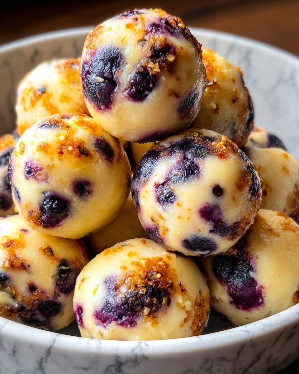 A close-up view of a bowl filled with round, bite-sized food balls that have a creamy yellow base with dark purple blueberries embedded throughout. Each ball is lightly browned and crispy on the outside, with some caramelized spots visible, giving a slightly crunchy texture. The balls are stacked in a white bowl that contrasts with the rich colors of the food, while the background has a white marbled texture. photo taken with an iphone --ar 4:5 --v 7