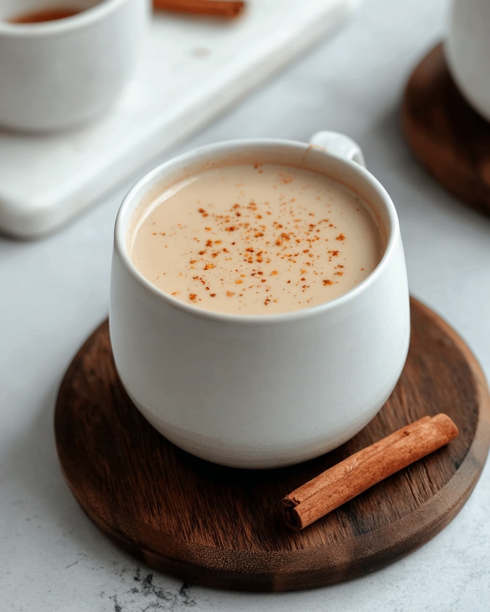 A white rounded cup filled with a light brown creamy drink topped with small orange-brown specks, sitting on a dark wooden coaster. Next to the cup on the coaster is a single brown cinnamon stick, all placed on a white marbled surface. In the background, a white marbled cutting board and another white cup are slightly visible. photo taken with an iphone --ar 4:5 --v 7