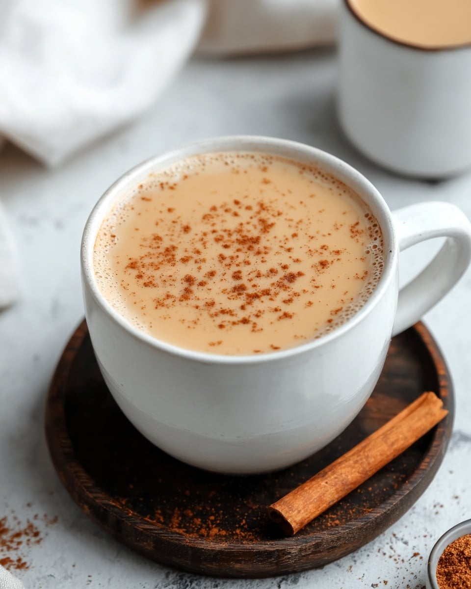 A white mug filled with smooth light brown chai tea sits on a dark wooden coaster, with a dusting of fine cinnamon powder sprinkled on top in a scattered pattern. Next to the mug on the coaster is a single cinnamon stick, showing a rough textured surface. The mug is placed on a white marbled textured surface, and a blurred white cloth and another white mug can be seen in the background. Photo taken with an iphone --ar 4:5 --v 7