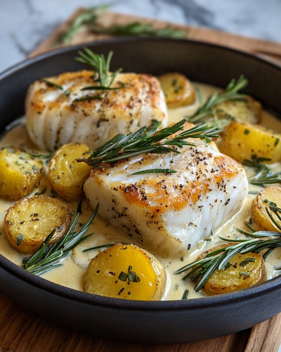 A dark bowl holds two thick pieces of grilled white fish with a light golden-brown sear on top, sprinkled with black pepper and fresh green rosemary leaves. Surrounding the fish are quartered yellow potatoes with a slightly crisp, browned surface, resting in a creamy, light beige sauce. The sauce has a smooth texture and is garnished with more rosemary sprigs, adding a fresh green contrast. The bowl sits on a wooden board with a blurred white marbled texture in the background. photo taken with an iphone --ar 4:5 --v 7