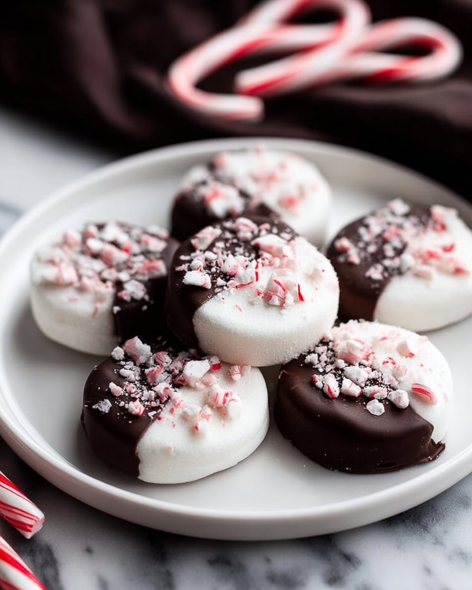 The image shows a white plate with seven round white marshmallows, each half-dipped in shiny dark chocolate on the top side. On the chocolate-covered half, there are small pieces of crushed pink and white peppermint candy sprinkled evenly. The marshmallows have a soft, smooth texture, and the chocolate looks glossy and slightly thick. The white marbled surface is visible in the background with a dark brown cloth with red and white striped candy canes blurred behind the plate. photo taken with an iphone --ar 4:5 --v 7