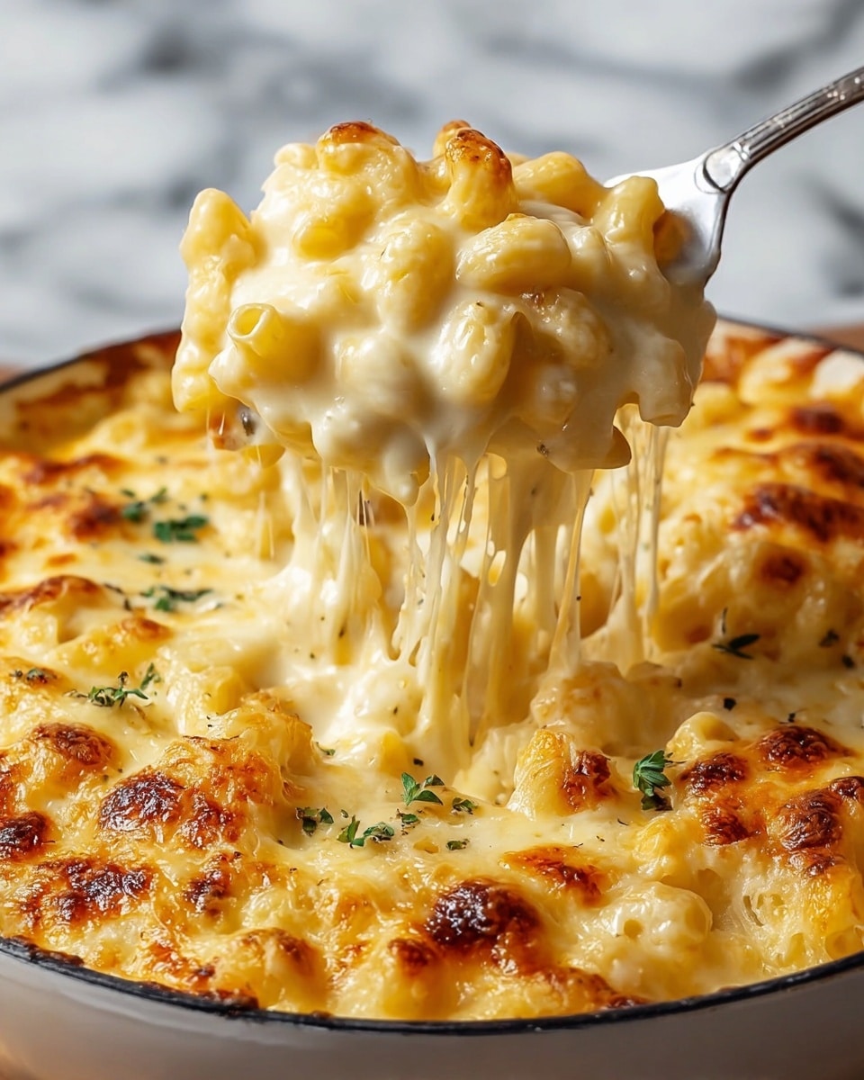 The dish shows a close-up of creamy mac and cheese in a white pan with a golden-brown cheesy crust on top. The top layer is melted cheese with bubbly, browned spots and some small green herb pieces scattered on it. Underneath, the macaroni pasta is covered in smooth, gooey cheese sauce, stretching as a fork lifts a cheesy scoop from the pan. The overall color is light yellow with hints of golden brown and green. The background features a white marbled texture. photo taken with an iphone --ar 4:5 --v 7
