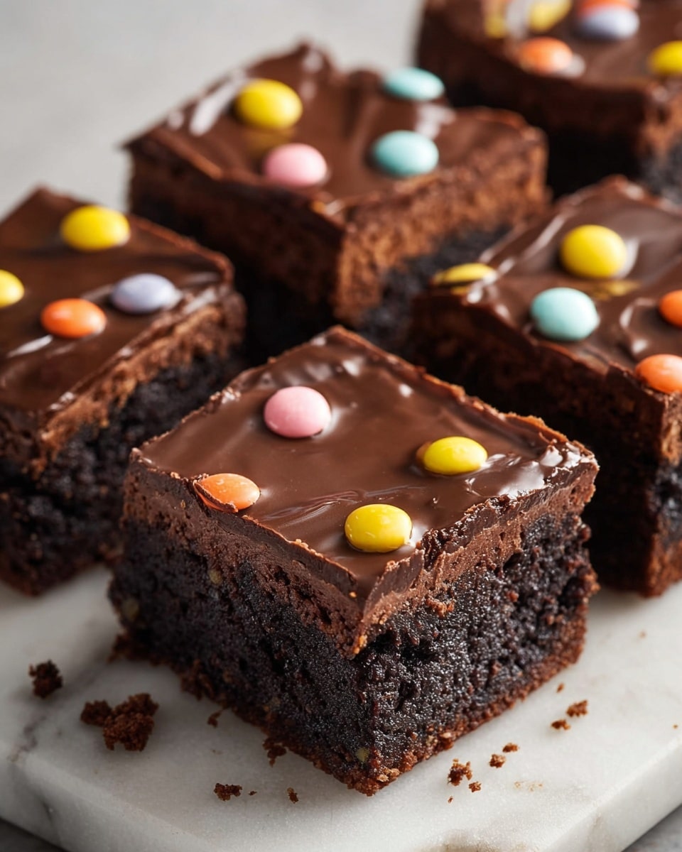 Four square pieces of chocolate brownie are placed closely on a white marble surface, each piece showing two layers: a thick, moist dark brown base with a slightly crumbly texture, and a smooth, shiny chocolate ganache layer on top. The ganache is dark and glossy, dotted with small, round colorful candy pieces in yellow, orange, pink, and blue, adding bright spots on the dark surface. The brownies look rich and dense, with some crumbs scattered on the surface near the edges. Photo taken with an iphone --ar 4:5 --v 7