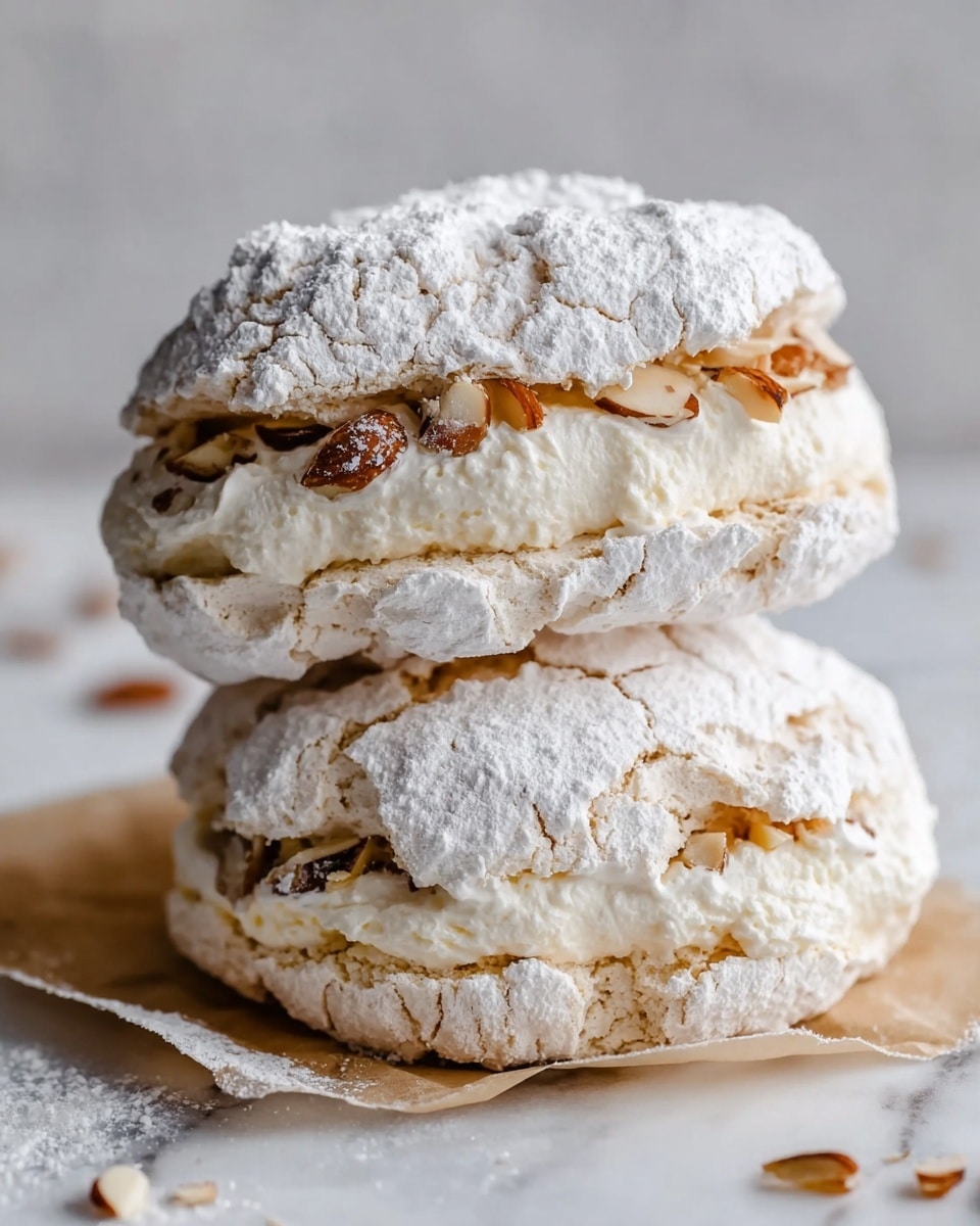 Two almond meringue cookies stacked on top of each other, each cookie dusted heavily with white powdered sugar creating a rough, cracked texture on the shell. Between the cookies is a thick layer of creamy white filling, speckled with toasted almond slices that add a light brown and beige color contrast. The meringues are slightly irregular in shape with a crisp, crumbly texture visible on the edges. They rest on a piece of parchment paper over a white marbled surface. photo taken with an iphone --ar 4:5 --v 7