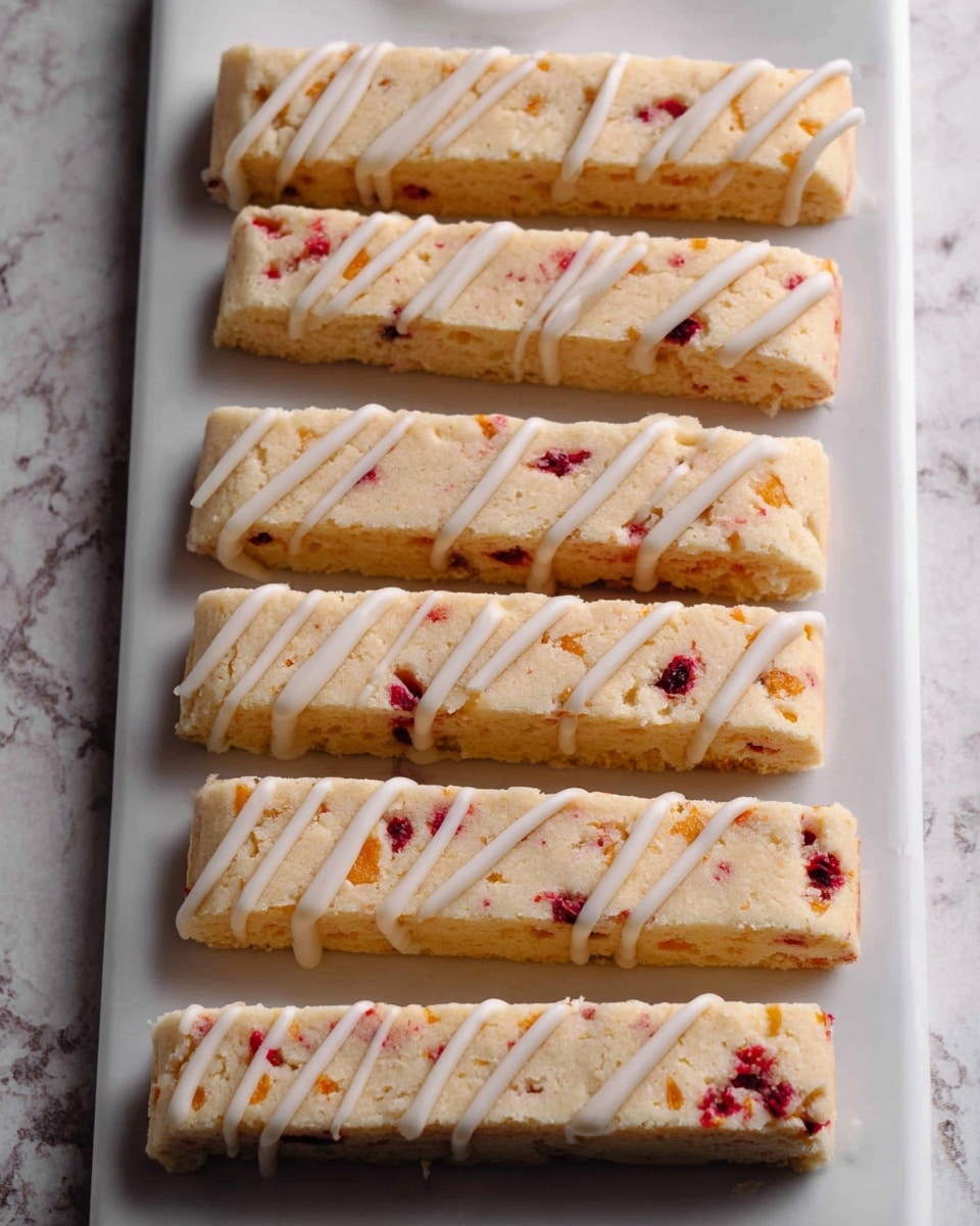 Six rectangular shortbread bars are lined up neatly on a white rectangular plate placed on a white marbled surface. Each bar is pale cream with small red and orange fruit bits scattered throughout, giving a speckled texture. The top halves of the bars are decorated with thin, diagonal streaks of white icing. The bars show a soft, crumbly texture consistent with shortbread. photo taken with an iphone --ar 4:5 --v 7