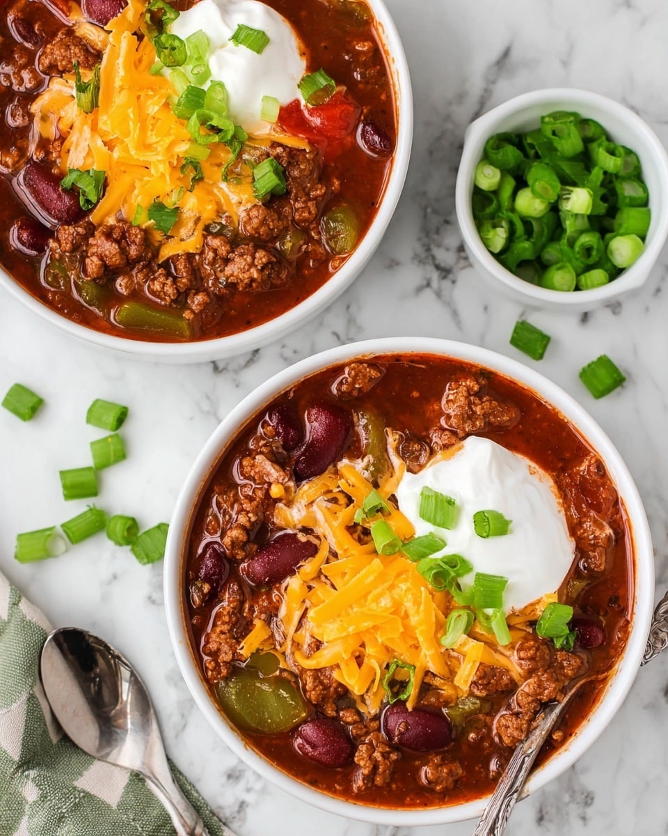 The image shows two white bowls filled with thick chili soup, rich dark reddish-brown in color with visible chunks of ground meat, kidney beans, green bell peppers, and pieces of tomato. Each bowl is topped with a dollop of white sour cream, sprinkled with bright yellow shredded cheddar cheese and garnished with small rings of fresh green onions. A white bowl filled with chopped green onions is placed nearby on a white marbled surface, with some green onion pieces scattered around. A silver spoon rests inside the bottom bowl on the right side. photo taken with an iphone --ar 4:5 --v 7