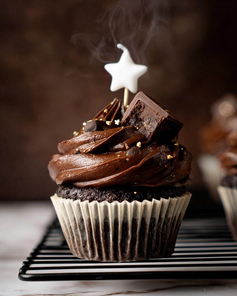 This image shows a chocolate cupcake in a white paper liner on a black cooling rack. The cupcake has one layer of dark chocolate cake, topped with a thick swirl of smooth dark chocolate frosting that has small gold flakes sprinkled on it. On top of the frosting sits a half piece of chocolate with visible darker chocolate chips inside. A small white star-shaped candle is inserted into the cupcake, with light smoke rising from its extinguished wick. The background has a soft dark brown tone, and the surface under the rack is a white marbled texture. photo taken with an iphone --ar 4:5 --v 7