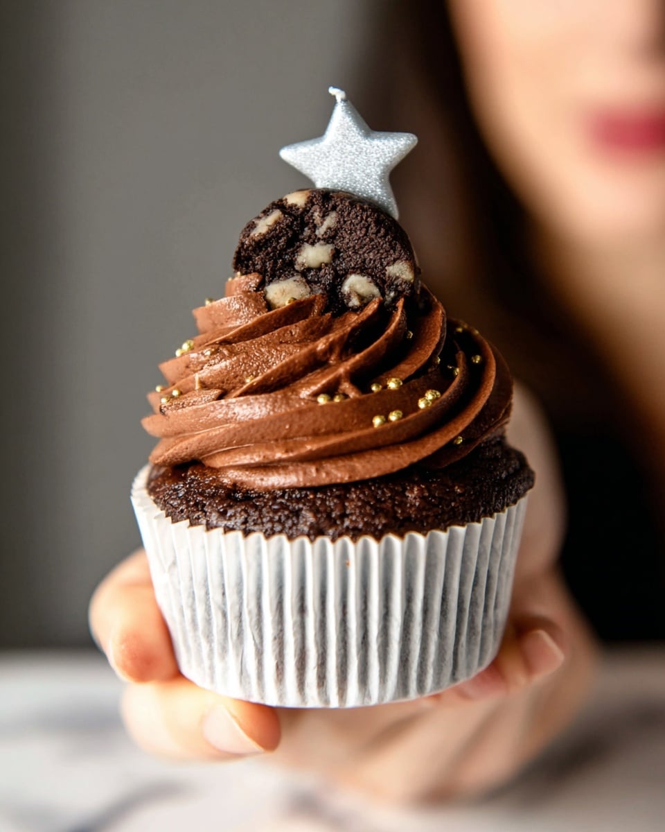A close-up of a dark brown chocolate cupcake in a white paper cup, held in a woman's hand. The cupcake has one thick, smooth swirl of rich chocolate frosting on top, sprinkled with small gold flecks. Sitting on the frosting is a piece of chocolate cookie dough with white and dark chocolate chips inside. Behind the cupcake is a blurry background with a woman's face slightly visible, and a silver star-shaped candle stuck into the cupcake's top center. The scene is set against a white marbled surface. photo taken with an iphone --ar 4:5 --v 7