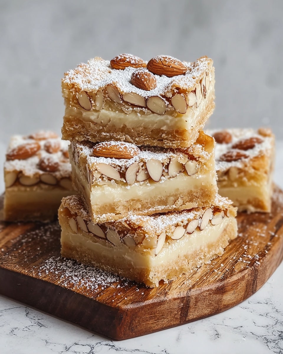The image shows four square pieces of dessert stacked on a wooden board on a white marbled surface. Each piece has three visible layers: a crumbly golden brown base, a thick middle layer filled with whole almonds in a light, creamy filling, and a top layer dusted with powdered sugar and decorated with sliced almonds. The texture of the top layer looks slightly crunchy, while the middle layer appears soft and nutty. The stacked arrangement gives a clear view of the layers and the almond details on top and inside. Photo taken with an iphone --ar 4:5 --v 7