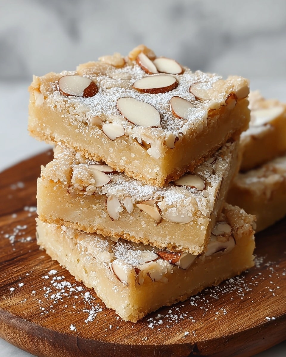The image shows four square almond bars stacked on a round wooden board against a white marbled texture. Each bar has one thick layer made of a light golden-brown crumbly base with a slightly glossy middle, and the top layer is sprinkled evenly with sliced almonds and powdered sugar, giving a textured and slightly rough surface. The almond slices are light tan with thin brown edges, scattered randomly on the top. The powdered sugar is white and dusted lightly, creating a soft contrast on the bar's warm tones. The wooden board underneath has a rich brown color with natural grain patterns. photo taken with an iphone --ar 4:5 --v 7
