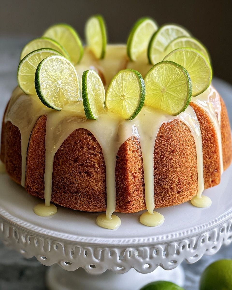A round bundt cake with a golden brown crust sits on a white cake stand with decorative edges. The cake has a smooth, creamy light yellow glaze dripping down its sides evenly. On top of the glaze, there are evenly spaced slices of lime standing upright, showing their bright green rind and pale green inside. The cake has a firm texture, and the white marbled surface below highlights the warm colors of the cake and the fresh green lime slices. photo taken with an iphone --ar 4:5 --v 7