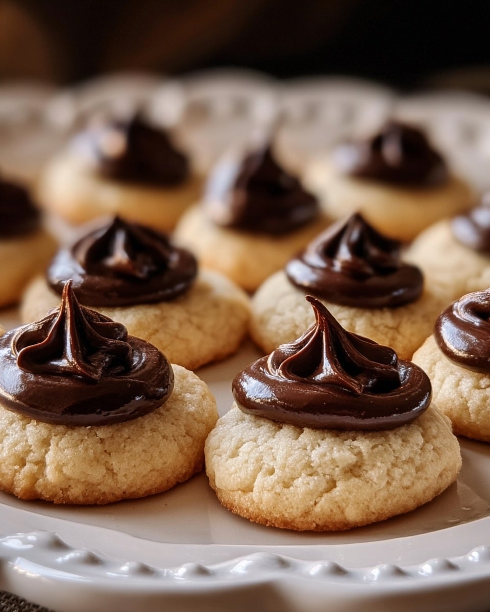 A group of small cookies arranged closely together on a white plate with a detailed edge. Each cookie has two layers: the bottom layer is a round, soft-looking light golden-brown base, and the top layer is a dollop of thick, glossy dark chocolate cream placed in the center. The cookies are slightly raised with a rough texture on the base and a smooth, shiny texture on the chocolate cream. The background is softly blurred, highlighting the cookies in the front. Photo taken with an iphone --ar 4:5 --v 7